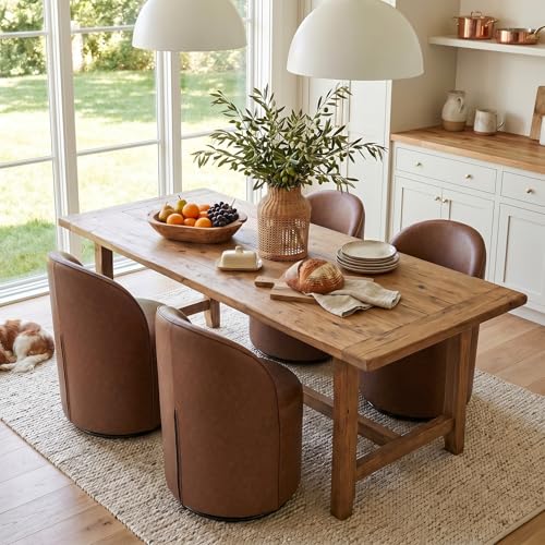 Image of HNY Upholstered Kitchen & Dining Room Barrel Chairs Set of 4, Mid Century Modern Round Leather Dining Chairs, 360 Degree Swivel Comfy Armless Accent Makeup Vanity Side Chairs for Living Room, Brown