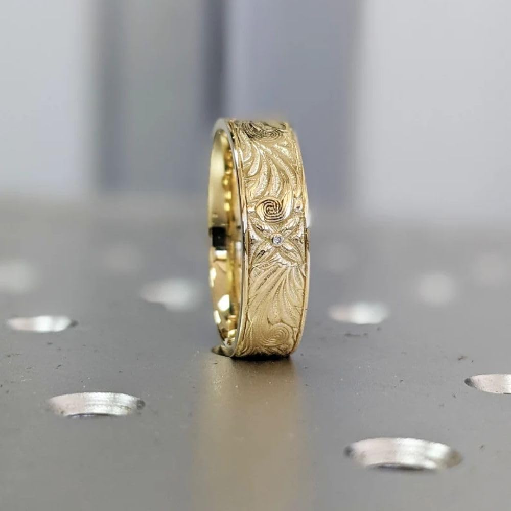 Antique Art Deco Leaf Vine Flower Engraved Vintage Unisex Wedding Band 14K Yellow Gold Finish Floral Band Solid 925 Sterling Silver Handcrafted Artisan Jewelry Victorian Anniversary Band Gift For Her
