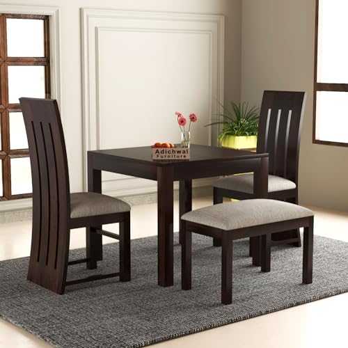 Image of Sheesham Wood 2 Chair with 1 Bench Dining Table Set with Cushioned Chairs for Dining Room | Living Room | | Hotels Restaurant (4 Seater with Bench, Walnut B)