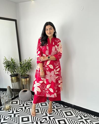 Image of Yashika Women's Floral Printed Cotton Blend 3 /4th Sleeve Knee Length V-Neck Kurta and Palazzo Set for Women
