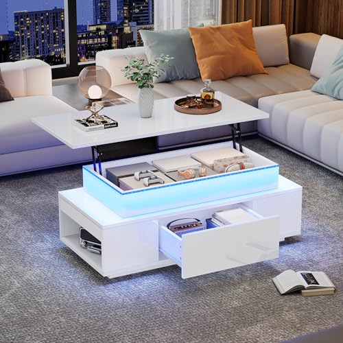 Merax Höhenverstellbarer CouchtischHochglanz Wohnzimmertisch mit LED Beleuchtung, Lift-Top Kaffeetisch mit Schublade,Ablagefächern, Sofatisch für Wohnzimmer,96 x 45 x 40 cm, Weiß