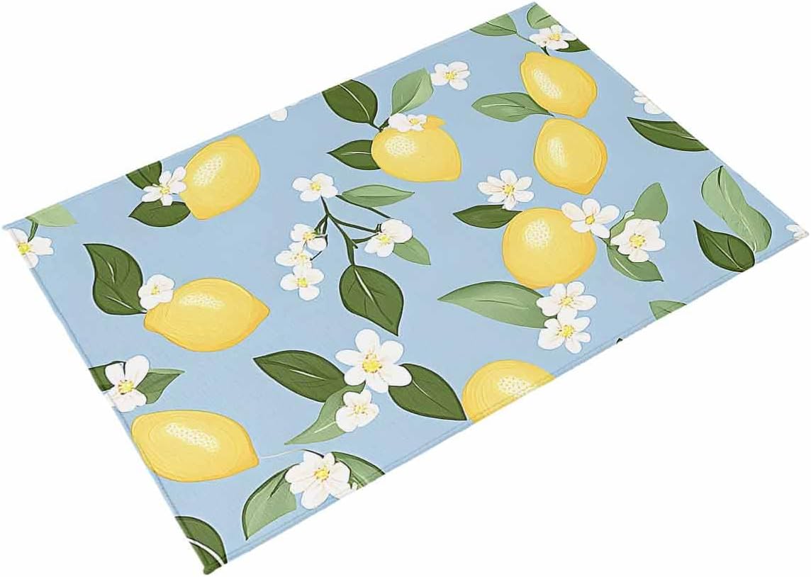 Outdoor Rug 4x6 ft Blue Background Outdoor Large Area Rug Non Slip Rubber Yellow Lemon White Flowers Front Door Mat RV Rug Camping Carpet Patio Outdoor Rugs for Backyard Balcony Deck Porch Indoor