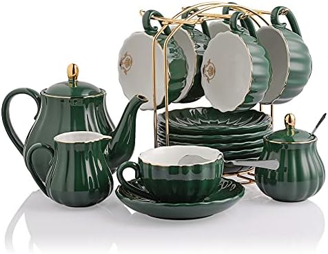 Sweejar Home Porcelain Tea Set Royal Family 225 ml to Cups and Saucers with Teapot Sugar Bowl Milk Jug Ceramic Tea and Coffee Cups (White)