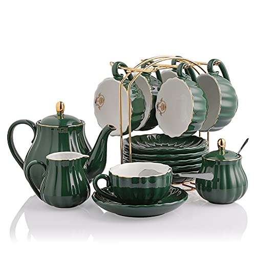 Porcelain Tea Sets British Royal Series, 8 OZ Cups& Saucer Service for 6, with Teapot Sugar Bowl Cream Pitcher Teaspoons and Tea Strainer, Suitable fo