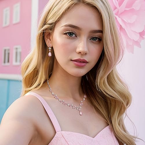 EVER FAITH Bridal Jewelry Set for Bride Bridesmaid, Flower Leaf Teardrop Cubic Zirconia Necklace Dangle Earrings Bracelet Sets Wedding Party for Women2