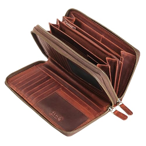 Lavalen® Carteras de Mujer Piel - Monedero Mujer Grande - Tarjetero Mujer con RFID - Billetera Mujer Hecha a Mano Cuero - Cartera Piel Mujer (Dos Cremalleras, Marrón)