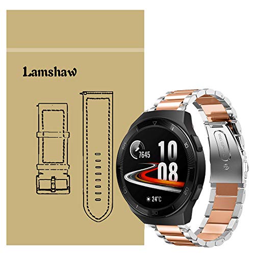 Lamshaw for Huawei Watch GT2e バンド, ステンレス メタル ベルト 交換バンド 対応 HUAWEI Watch GT2e 46mm (シルバー-ローズゴールド)
