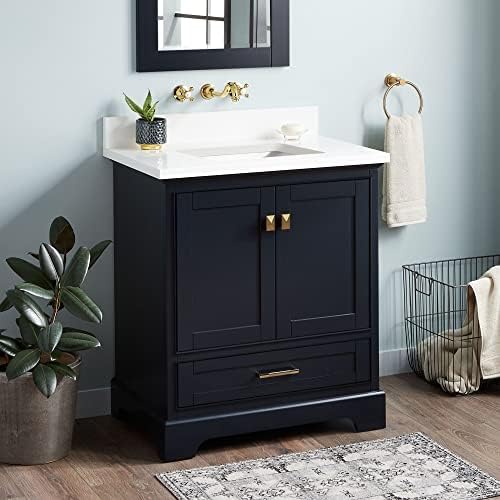 Signature Hardware 483398 Quen 30" Free Standing Single Basin Vanity Set with Cabinet, Vanity Top, and Undermount Sink - No Faucet Holes - Midnight Navy Blue/Arctic White Quartz