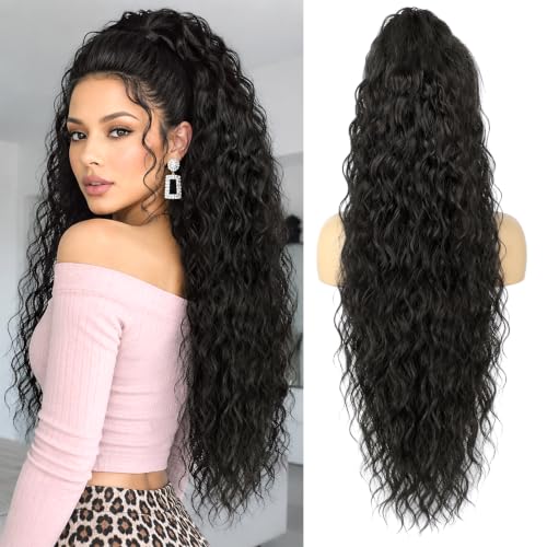 Curly Wave Hair Extensions Ponytail,26" Natural Black Claw Clip in Ponytail