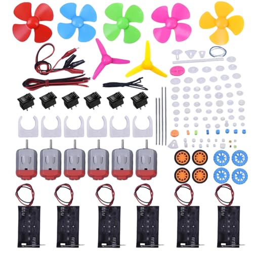AUKUYEE Electric DC Motor Kit, 6 Set 131 PCS Small Motors Kit, with 85 Plastic Gears Kit, Shaft Propeller, Plastic Wheels, 2 x AA Battery Holder, STEM Engineering Set for DIY Science Projects
