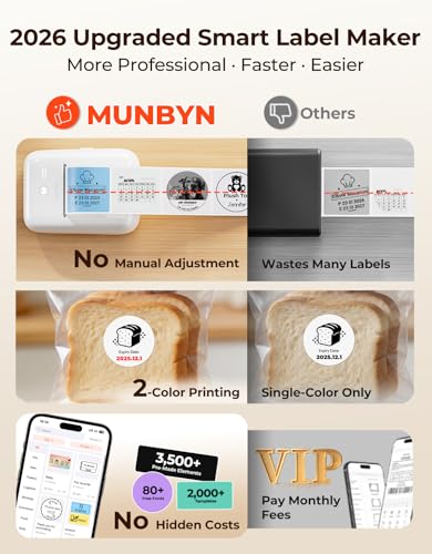 Image of MUNBYN 6-in-1 Label Printer & Sticker Printer, Bluetooth Thermal Printer for Phone & PC, 2-Color Printing with Auto-Center Alignment, Barcode, Custom Labels, Address & Logo Labels, 1 Roll Included