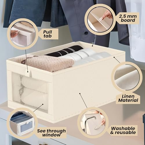 Image of OCEANEVO Set of 4 Linen Wardrobe Organizer for Storage WITH Luggage Tag, Foldable Cupboard Organizer for Clothes, Closet Organiser Basket with Clear Window - 40 x 27 x 17 Cm - Beige