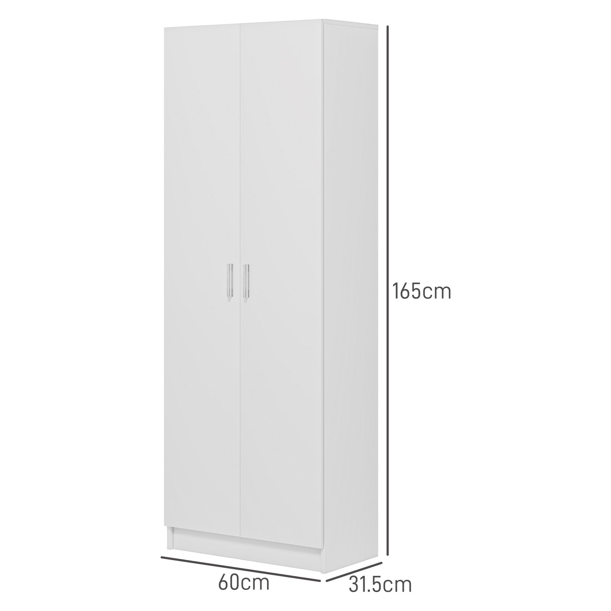 HOMCOM Armadio Multiuso con Ante Battenti, 5 Ripiani e 3 Livelli Regolabili, Mobiletto Multiuso Credenza in Legno Truciolato per Cucina, Scarpe, Ingresso, Camera da Letto Bagno, 60x31.5x165 cm, Bianco