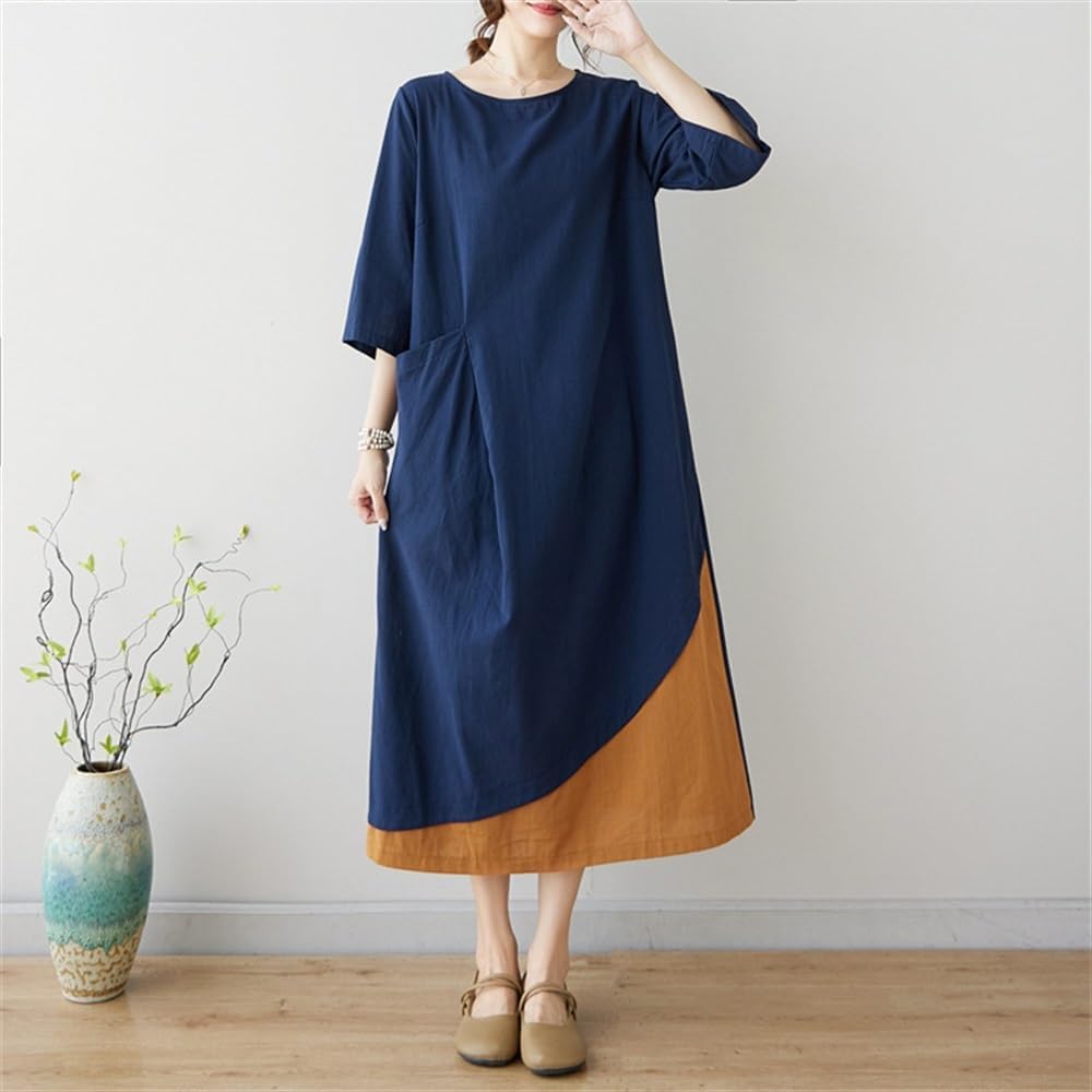 HONGFSM Women Retro Colorblock Cotton Linen Dress Round Neck 3/4 Sleeve Loose Casual Flowy Big Swing Midi Dress With A Pocket(Dark blue,Medium) at Amazon Women's Clothing store HONGFSM Women Retro Colorblock Cotton Linen Dress Round Neck 3/4 Sleeve Loose Casual Flowy Big Swing Midi Dress With A Pocket(Dark blue,Medium) at Amazon Women's Clothing store