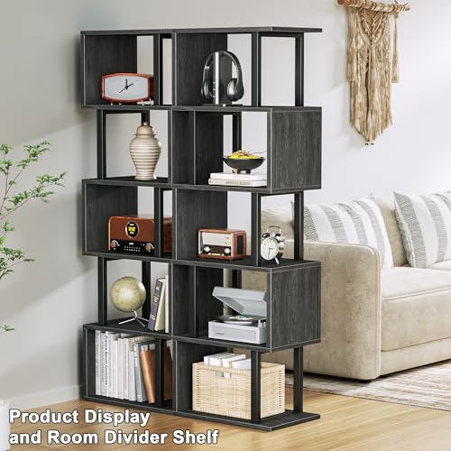 Image of Furologee 6 Tier Bookshelf Tall Geometric Bookcase, S Shaped Industrial Display Standing Shelf, Metal and Wood Decorative Storage Room Divider Rack for Bedroom, Living Room, Office, Light Black Oak