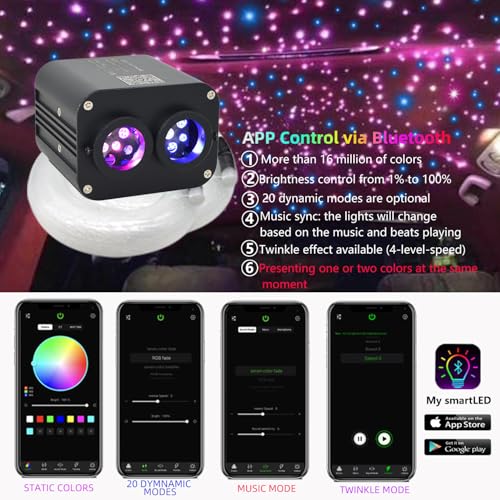 Image of Dual Color Twinkle Starlight Headliner Kit 1100 Piece Starry Night Star Lights Ceiling 2 Color RGBW Bluetooth App Control Music Mode Fiber Optic Lights for Car 13.1ft /4m