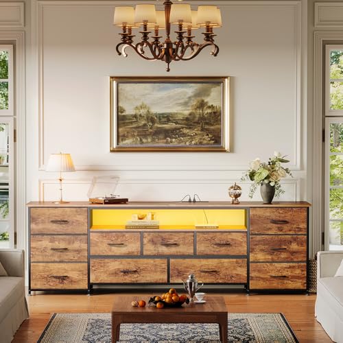 Huuger 70 Inch TV Stand for 75, 80 Inch TV, 11 Drawer Long Dresser with Power Outlets and LED Lights, Entertainment Center with Storage, Rustic Brown Dresser with PU Leather Surface