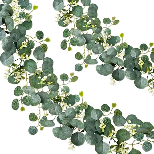ROLLWAY 2 Stück Eukalyptus Girlande Künstliche efeu Girlande Tischdeko 1,8m | Eucalyptus Pflanze Hängend Grüne Blätter mit Weiße Blumen für Hochzeit Bogen Boho Hochzeitsdeko Taufe