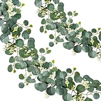 ROLLWAY 2 Stück Eukalyptus Girlande, Künstliche Girlande Pflanze 1,8m Hängend Grüne Blätter Deko mit Weiße Blumen Silberdollar Eukalyptusranke für Hintergrund Hochzeit Bogen Grau Grün
