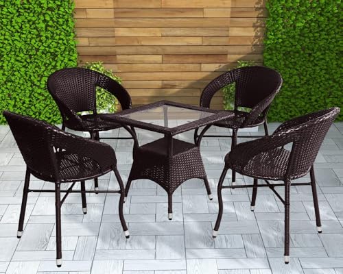 Image of Amazon Brand - Solimo Rattan Wicker 4 Seater Patio Seating Set | 4 Chair and 1 Square Glass Topped Table Set | Coffee Table Furniture for Balcony, Garden, Terrace, Indoor, Outdoor Use (Dark Brown)