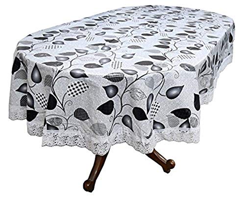 SUPERMACY Leaf Printed Waterproof Dining Table Cover – Grey with White Lace – 2 Seater Table, 40″ x 60″ Oval (Exact Size)