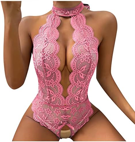Women Snap Crotch Lingerie Lace Bodysuit Deep V Teddy Cut Out One Piece Lace Babydoll Lingerie for Women Sexy Naughty