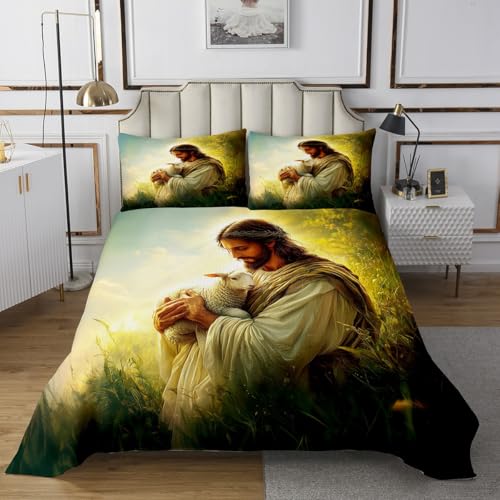 Homewish Bible Verses Christian Bedspread Queen Size,White Sheep Bedding Sets 3Pcs for Kids Girls Boys Adult Room Decor,Bible Verses Theme Quilt Comforter Retro Art Coverlet,2 Pillowcases