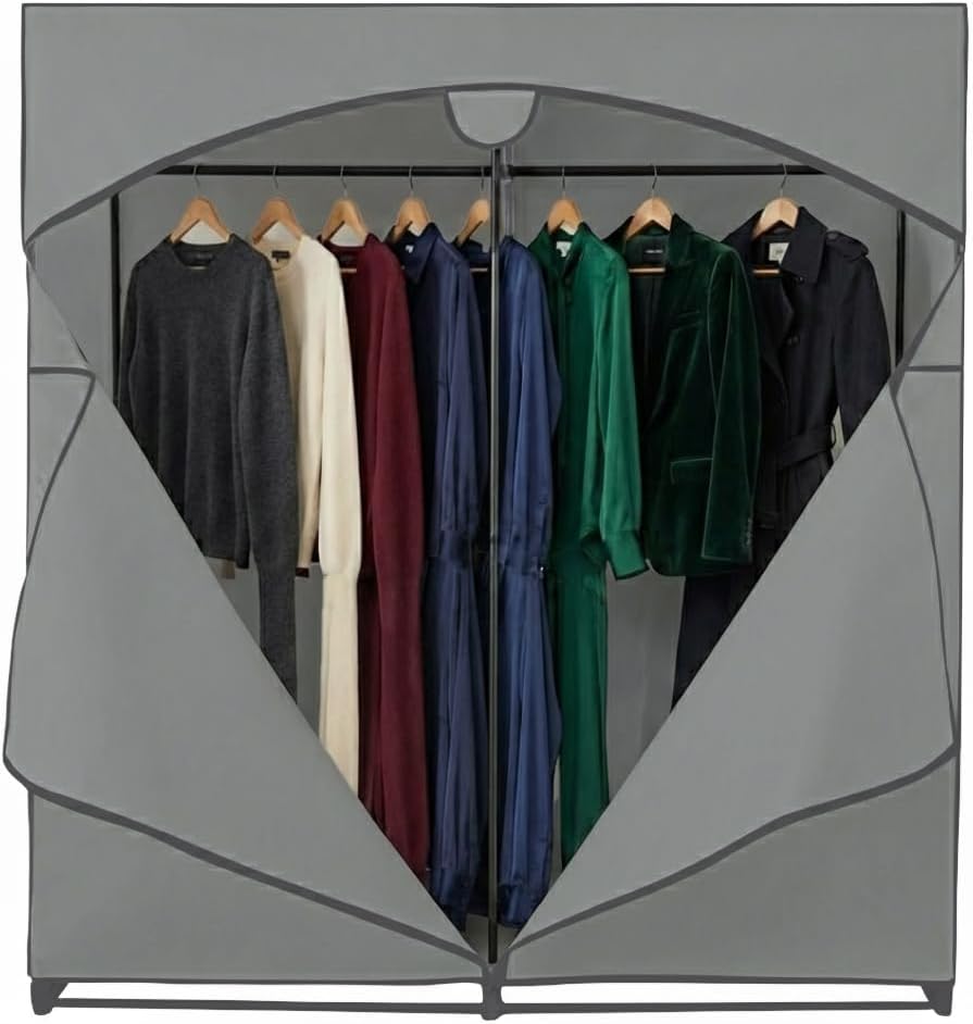 HOLDN’ STORAGE Portable Wardrobe Closet - 65 lb Large Capacity, Internal Heavy Duty Metal Rod, Zipper & Clear Window, Durable Clothes Organizer, Tool-Free Easy Assembly, Dark Gray Canvas Cover