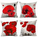 Andreannie Set of 4 Beautiful Charming Retro Watercolor Oil Painting Red Poppy Cotton Linen Throw Pi