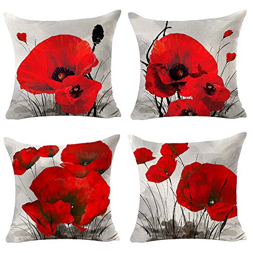 Andreannie Set Of 4 Beautiful Charming Retro Watercolor Oil Painting Red Poppy Cotton Linen Throw Pillow Case Cushion Cover New Home Office Indoor Decorative Square 18 X 18 Inches(D) #TOP8