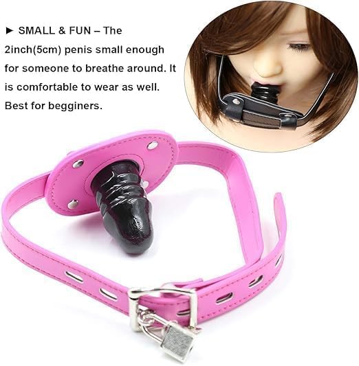 Lockable Dildo Mouth Gag,SM Mouth Restraint with Lock Bondage,Adjustable Bondage Leather Gags Adult Sex Toy for Couple (Pink,Long)