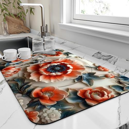Image of Dish Drying mat for Kitchen Water Absorbent mats for Kitchen Utensils Large Dry mat for Kitchen Utensils Drying mat Water Absorbent mats for Kitchen Large Size 58x38cm (Design 19)