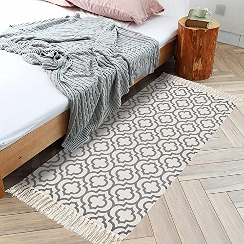 U'Artlines Tapis Géométrique en Coton Tissé à la Main avec Pompons 60x130 cm Lavable pour Salon Chambre à Coucher Buanderie(Blanc) Cover