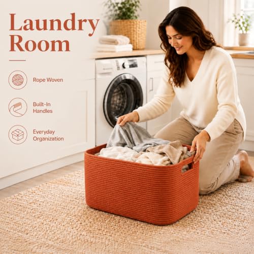 Image of 22.8GAL Extra Large Collapsible Laundry Basket for Dirty Clothes,Shoes, Sturdy Portable Aesthetic Boho Heavy Duty Wicker Hamper for Living Room Thow Pillows Blankets Storage Organizer,Terracotta