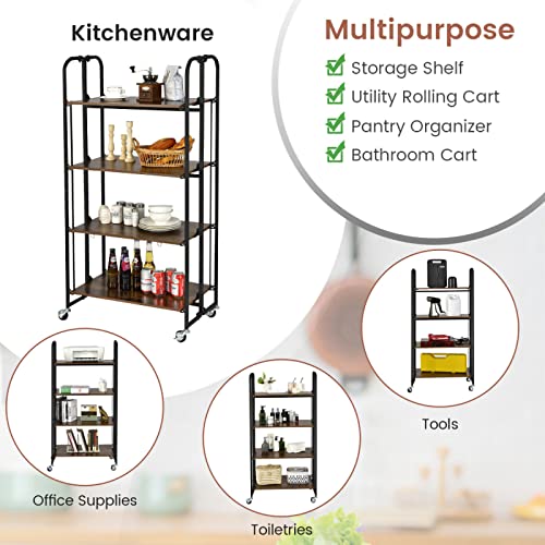 Uiiaiouiaio Foldable Utility Rolling Cart With Wheels, Storage Shelves, Simple Assemble, Shelving Unit For Entryway, Kitchen, Living Room, Bathroom, Standing Shelf Units (4-Tier) #TOP2