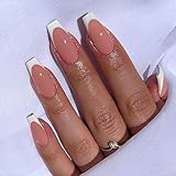 White French Tip Press on Nails Long Coffin Nails Ballerina Glossy Fake Nails Design Reusable Artificial False Nails Full Cover Natural Stick on Nails with Glue on Nails for Women DIY Charm Manicure