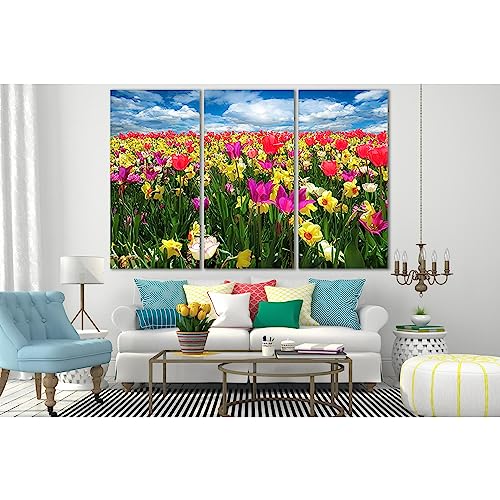Lienzo decorativo tríptico de campo de flores 140x90 para pared grande