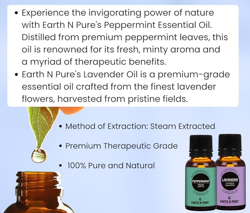 Image of Earth N Pure Lavender & Peppermint Essential Oils | Pack of 2 (15 ml each) | 100% Pure, Undiluted, Natural and Therapeutic Grade - Perfect for Aromatherapy, Skin Therapy & More