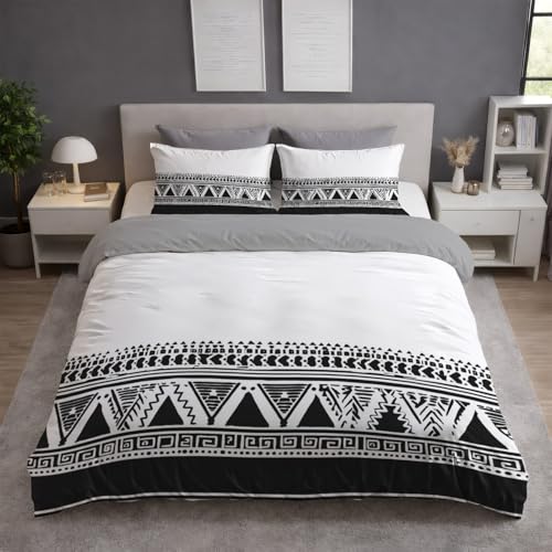 Funda Nordica Cama 180 - Juego de Funda Edredon 260 x 240 cm 3 Piezas + 2 Fundas de Almohada 50 x 75 cm, Ropa de Cama Microfibra Suave Transpirable, Blanco y Negro, Arte Geométrico Tribal