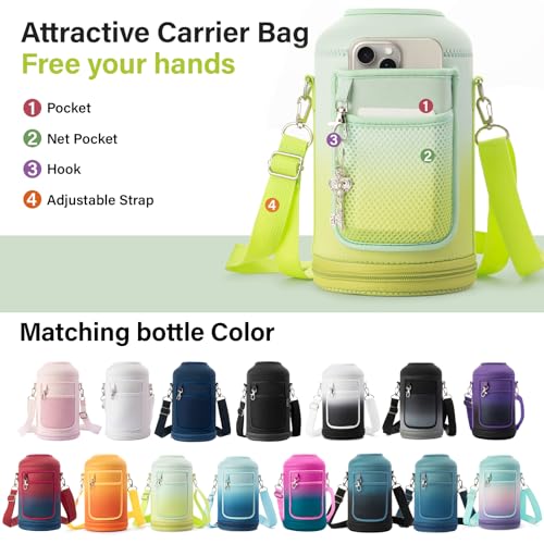 Insulated Water Bottle | Thickened Stainless Steel Vacuum Metal | Portable Sports Half Gallon Large Water Jug for Gym and Hiking with Straw, Carrier Bag, Handle Strap | BPA-Free 64 oz