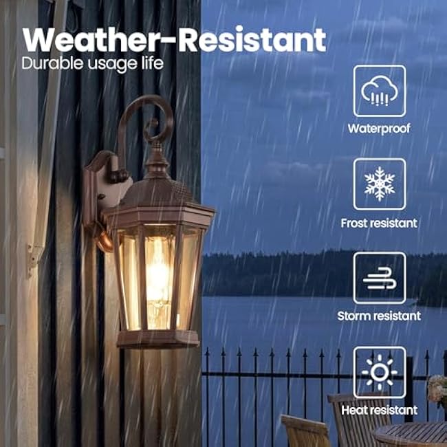 Outdoor Wall Lantern, Exterior Waterproof Outdoor Wall Light Fixtures, Brown Aluminum Porch Sconces with E26 Sockets & Clear Glass