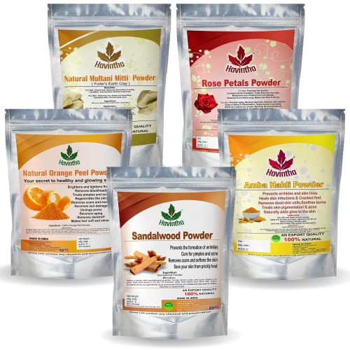 Image of Havintha Natural Face Pack for Healthy and Glowing Skin Combo Pack of Multani Mitti, Sandal Wood, Orange Peel, Rose Petal, Amba Haldi Powder (Each 50gm)
