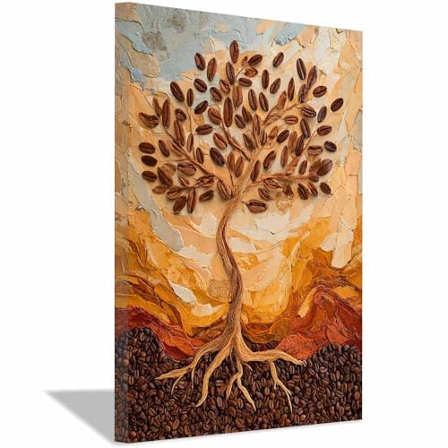 Peinture de l’arbre à grains de café élégante, toile décoration murale encadrée 60x80cm