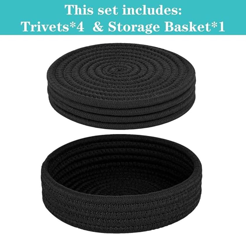 Image of Mansa for Hot Dishes, Pots and Pans, Hot Pads with Storage Basket, Pot Holders for Kitchen, Heat Resistant Mat Protect Counter Home Essentials, Farmhouse Decor (Pack of 4 with Cover) Black