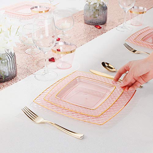 Nervure 150Pcs Pink Plastic Plates - Pink Gold Square Plastic Plates Include 50 Plastic Plates, 25 Cups, 25 Forks, 25 Knives, 25 Spoons For Wedding & Party #TOP4