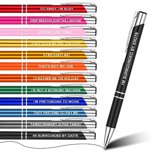 FRIUSATE 12Pcs Funny Cheeky Slogan Pens for Work - Novelty Rude Black Ink Retractable Ballpoint for Colleagues Women Men - Office Quirky Leaving Gift