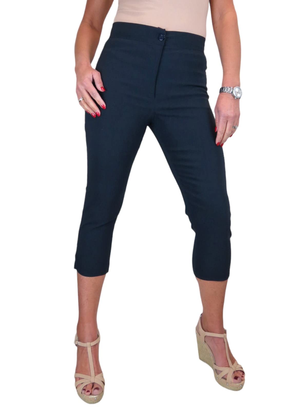 Paulo Due Women's Cropped Capri Stretch Trousers in Navy | Size: 16