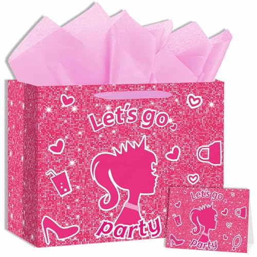 Zliisang Pink Princess Birthday Gift Bag with Tissue Paper and Greeting Card Pink Birthday Party Favor Bags Kids Birthday Party Supplies