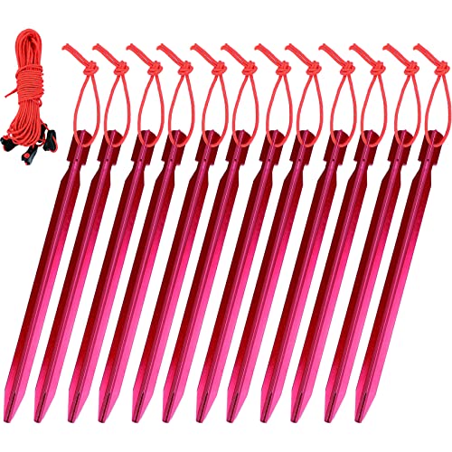 Clostnature Aluminum Tent Stakes - Heavy Duty Tent Pegs with Ropes, Ultralight Tent Stakes for Camping, Canopy(12pc Pack)