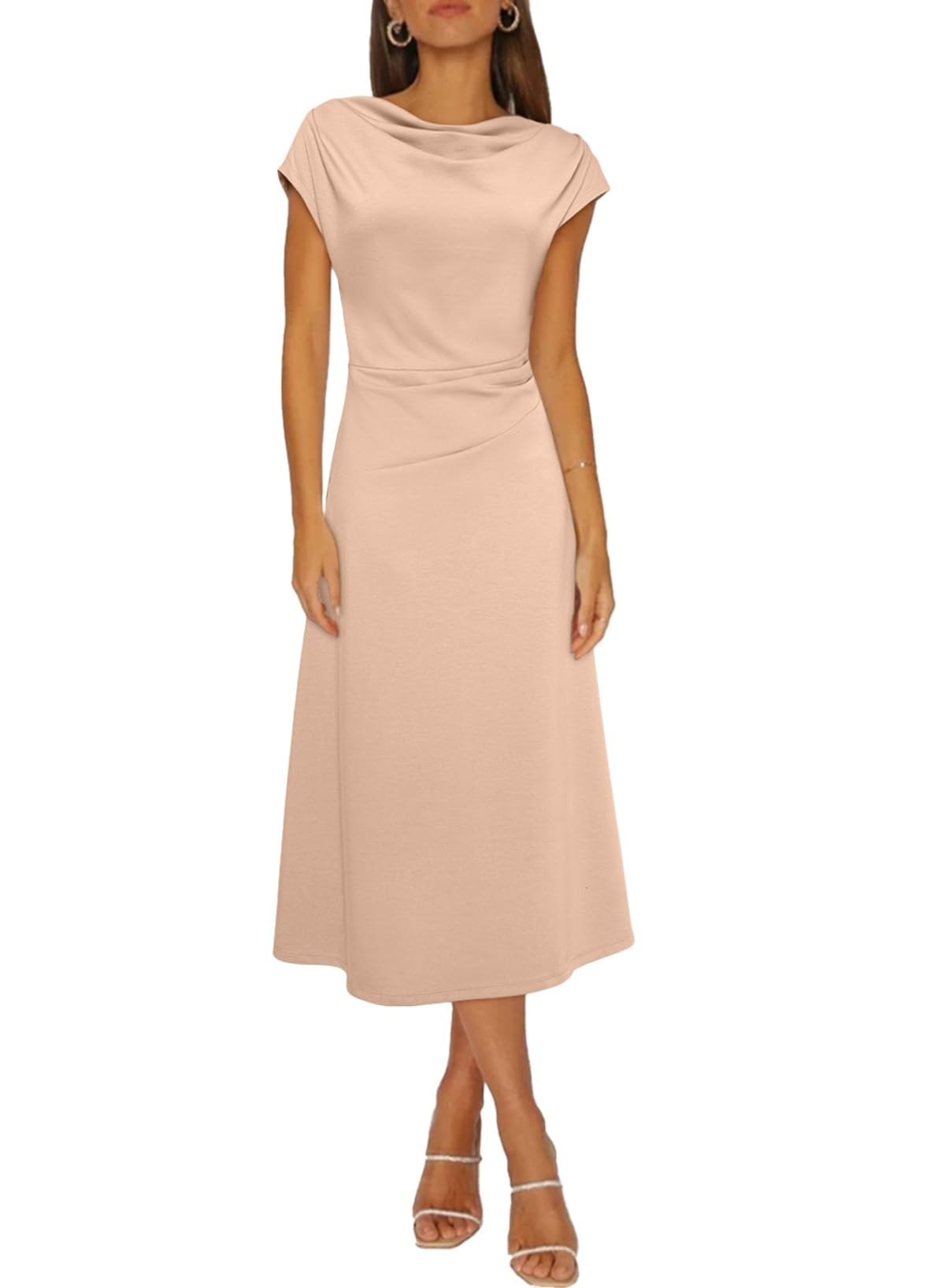 Happy Sailed Women's Spring Summer Short Sleeve Cowl Neck Ruched Waist Flowy A Line Midi Dresses Party Cocktail Dress